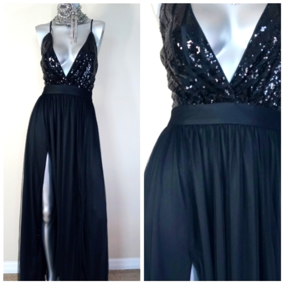 Black Sophisticated Cocktail Party Grunge Fairy Core Sequin Top Maxi Dress - Picture 6 of 16